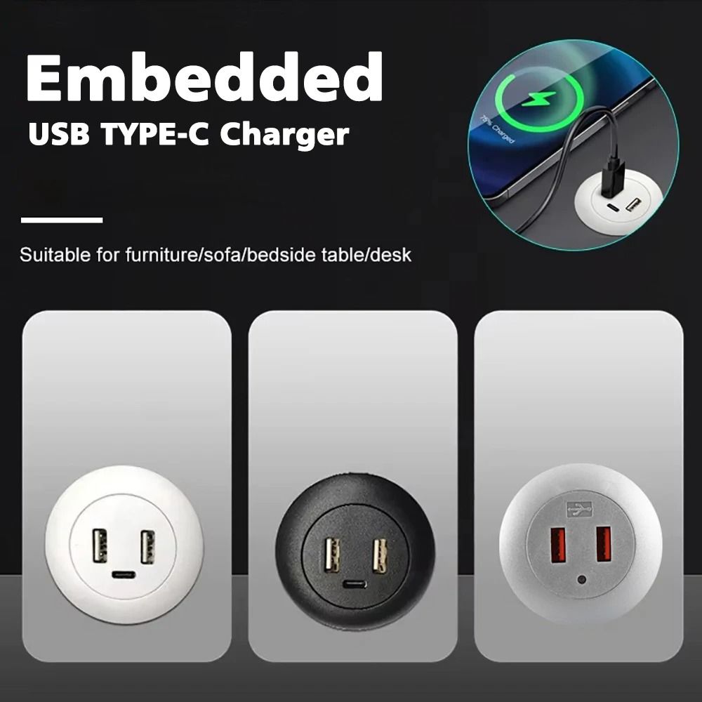 Desktop Hole Embedded USB Hub Type C USB Charger 3 in 1 Splitter for Laptop PC and Mobile Phone Charging
