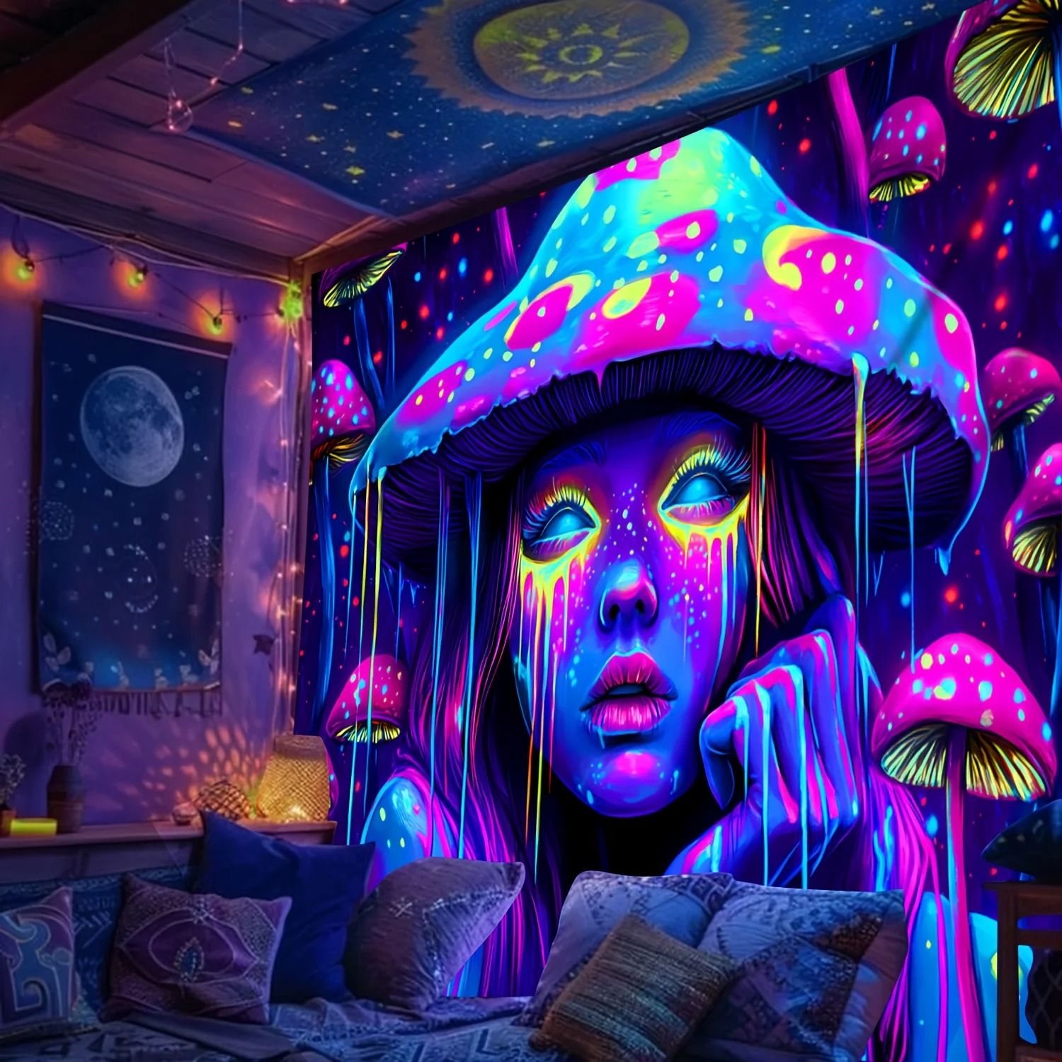 Psychedelic Mushroom Girl Blacklight Reactive Tapestry