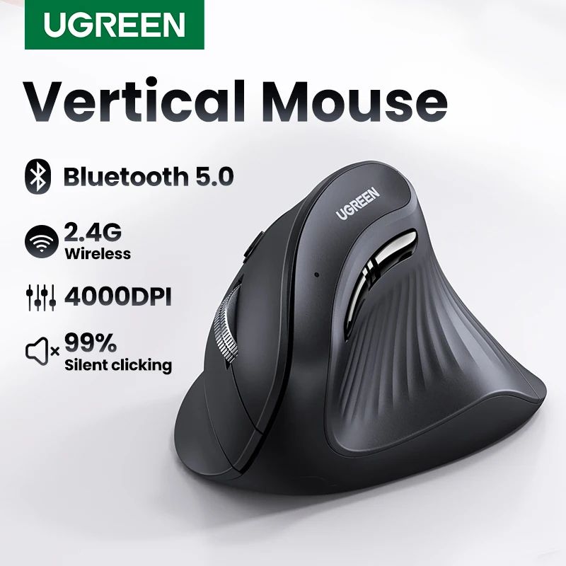 UGREEN wireless vertical mouse with Bluetooth 5.0 and 2.4G, 4000 DPI, 6 Silent Buttons for MacBook and PC