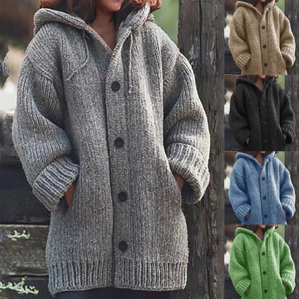 Warm Luxe Womens Chunky Knit Button-Down Cardigan Coat with Pockets