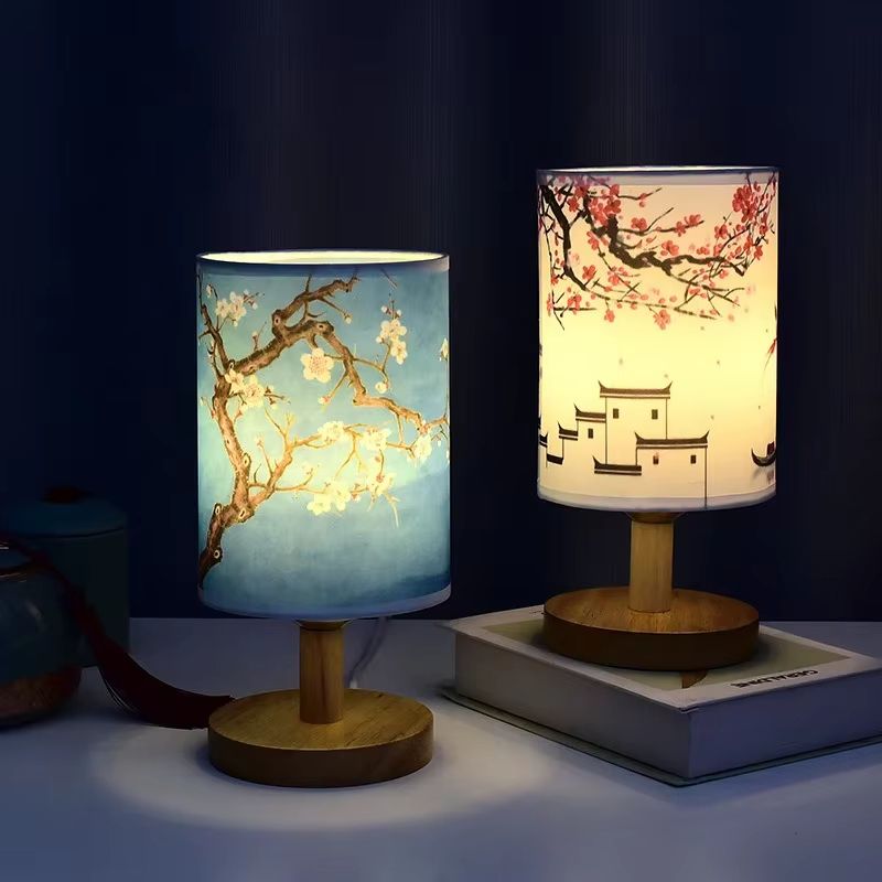 Modern Square Chinese-Style Fabric Table Lamp – Dimmable LED Bedside Light with EU Plug
