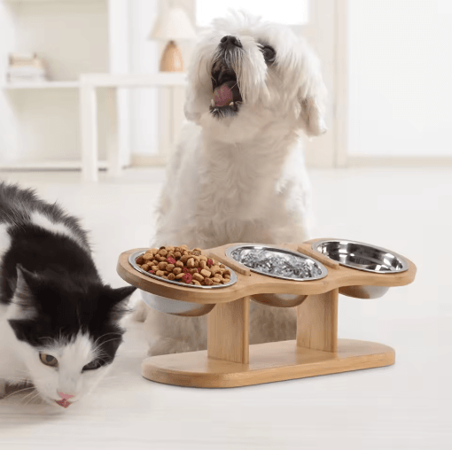 Raised Cat Feeder with 3 Stainless Steel Bowls 15° Ergonomic Wooden Feeding & Watering Station