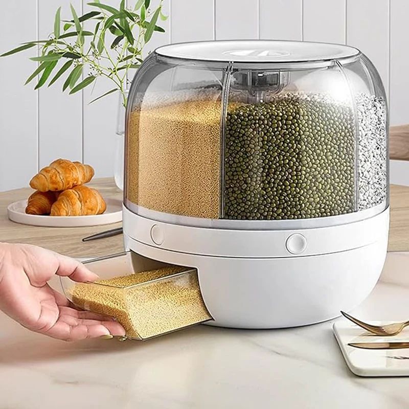 Rotating Grain Dispenser Airtight Rice Storage Container 6 Grid Food Organizer
