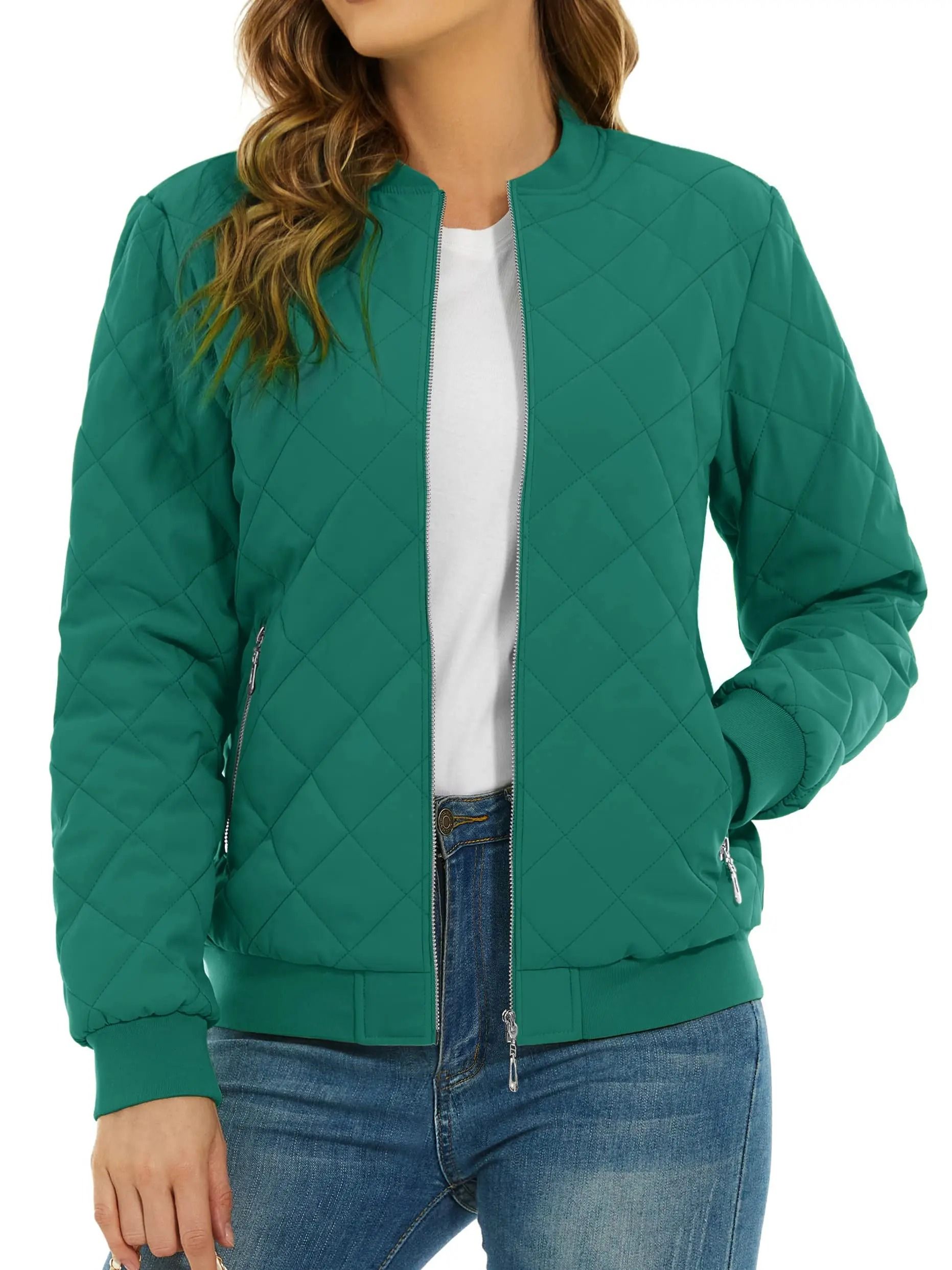 Womens Diamond Quilted Bomber Jacket Full Zip Warm Padded Coat