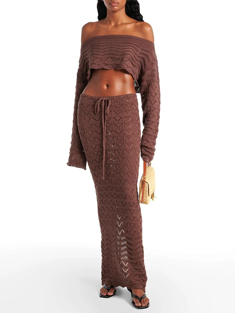ChicWave Summer Knit Beach Set Two Piece Drawstring Skirt and One Shoulder Top