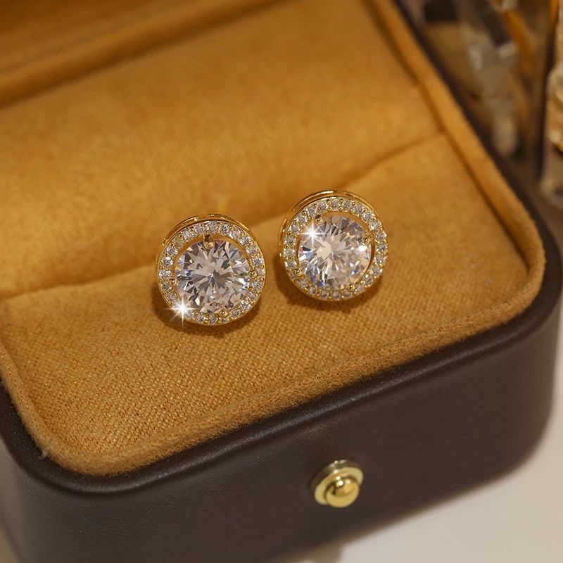 White Zircon Crystal Stud Earrings Gold Color Vintage Style