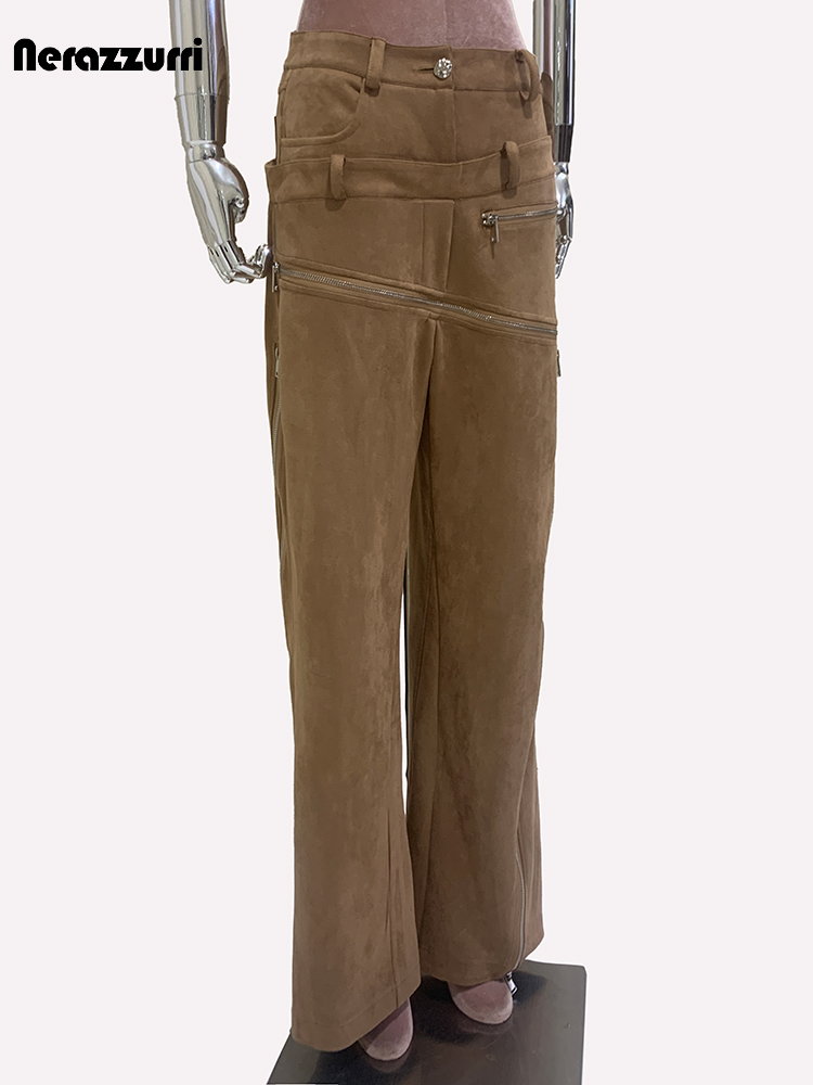 Luxury Designer European Clothes, Spring Double Waisted Long Khaki Stretchy Suede Faux Leather Pants with Zipper Style