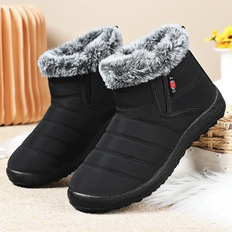 New Women's Ankle Boots Slip On Snow Boots for Winter Warm Fur Black Winter Footwear for Women