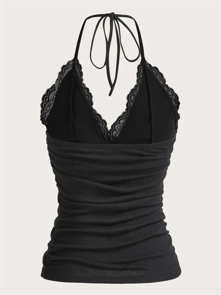 Women Summer Sexy Lace V-neck Halter Top, Grunge Punk Goth, Backless Ruched Cami Crop Top, Trendy Streetwear