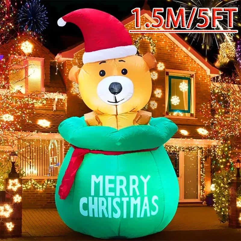 60in Christmas Inflatable Bear with Gift Bag LED Outdoor Holiday Yard Decoration