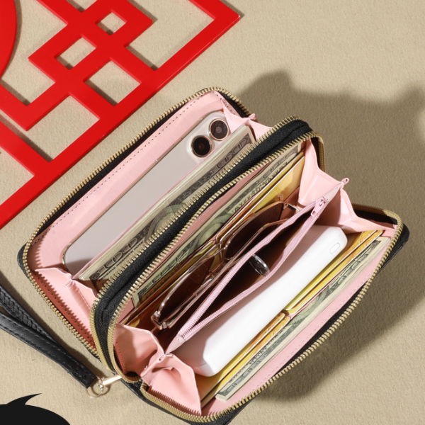 Trendy Solid Color Long Wallet Double Zipper Clutch Coin Purse Womens Faux Leather Card Holder With Wristband