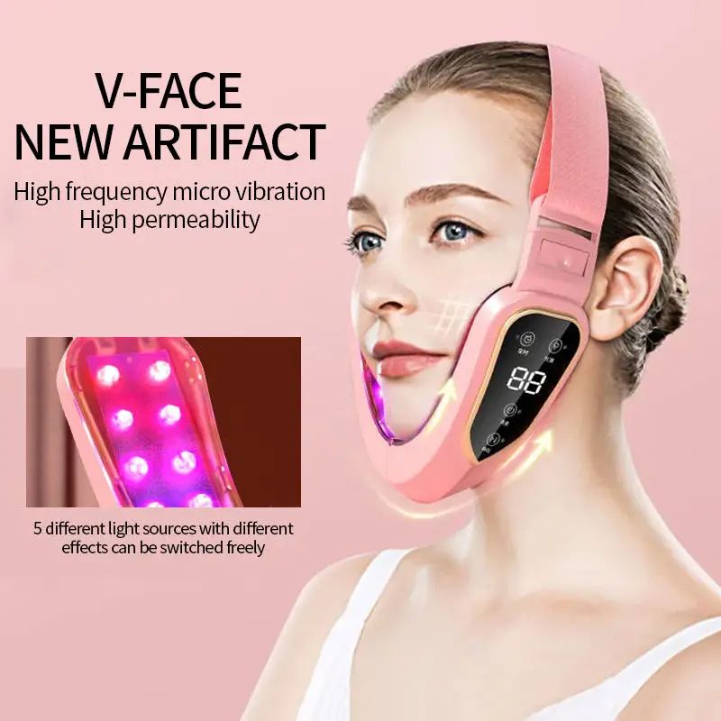 Facial Lifting Device, LED Photon Therapy V Face Slimming Vibration Massager for Double Chin Reduction & Skin Tighten