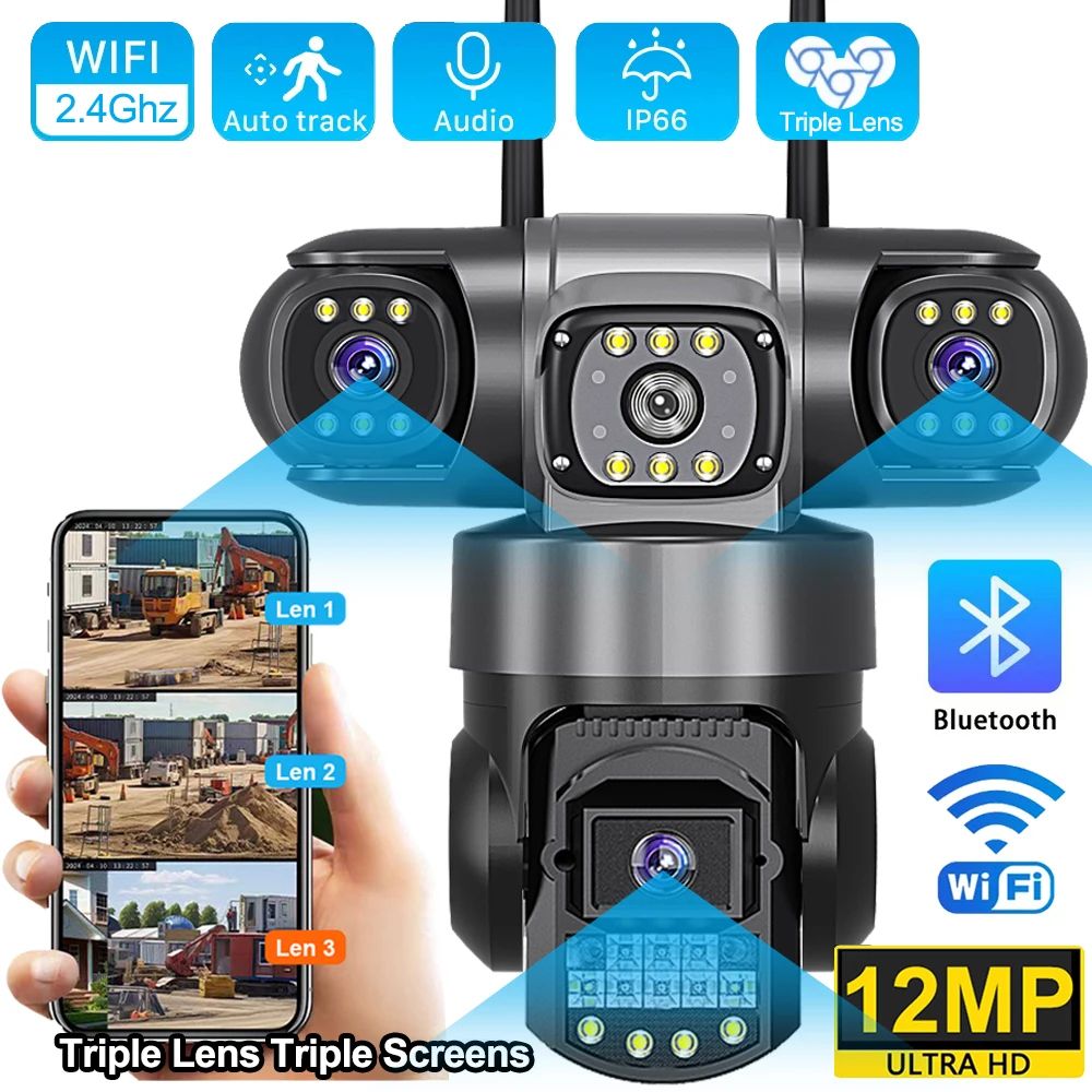 V380 Pro 12MP Outdoor WiFi IP Security Camera with Triple Lenses and Night Vision