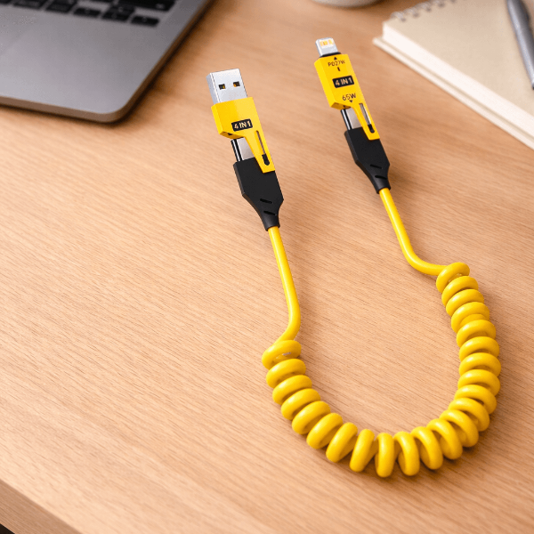 1.5M 65W 4 in 1 Fast Charging Cable Zinc Alloy USB C PD Spring Data Cable for iPhone Samsung Xiaomi
