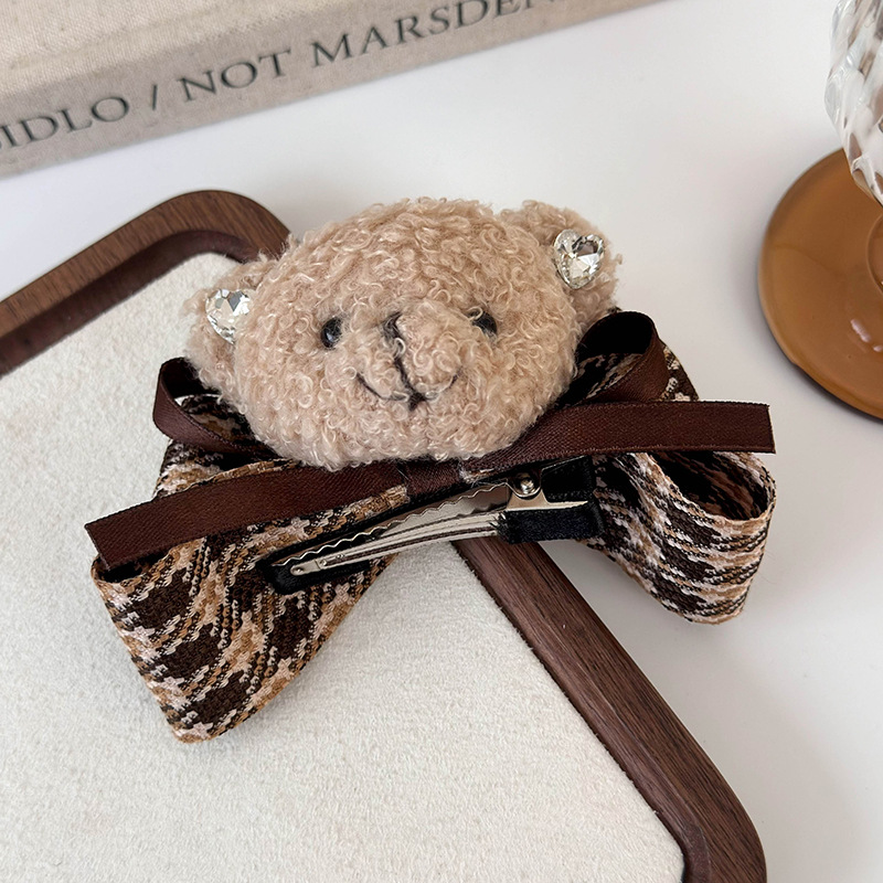 New autumn and winter checkered bow headband, cartoon fabric teddy bear clip hair clip, shark clip hair clip