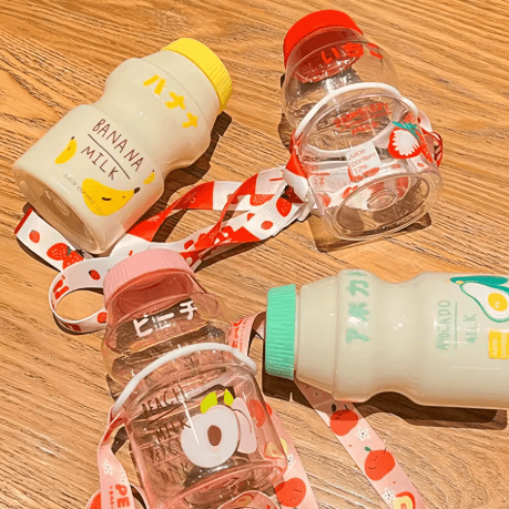 480ml Kawaii Milk Carton Water Bottle Cute Plastic Drinking Bottle with Cup and Strap