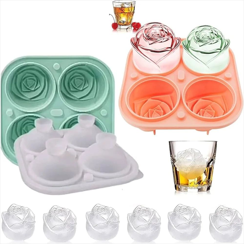 3D Rose Ice Cube Tray – 4-Cavity Silicone Ice Mold for Flower Shaped Ice Cubes, Cocktails & Whiskey