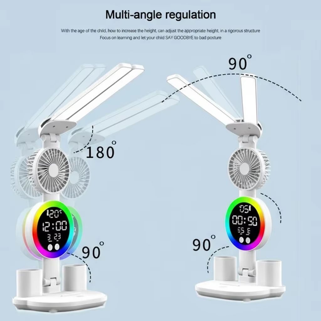 USB Charging LED Table Lamp with Adjustable Brightness Fan and Clock Display