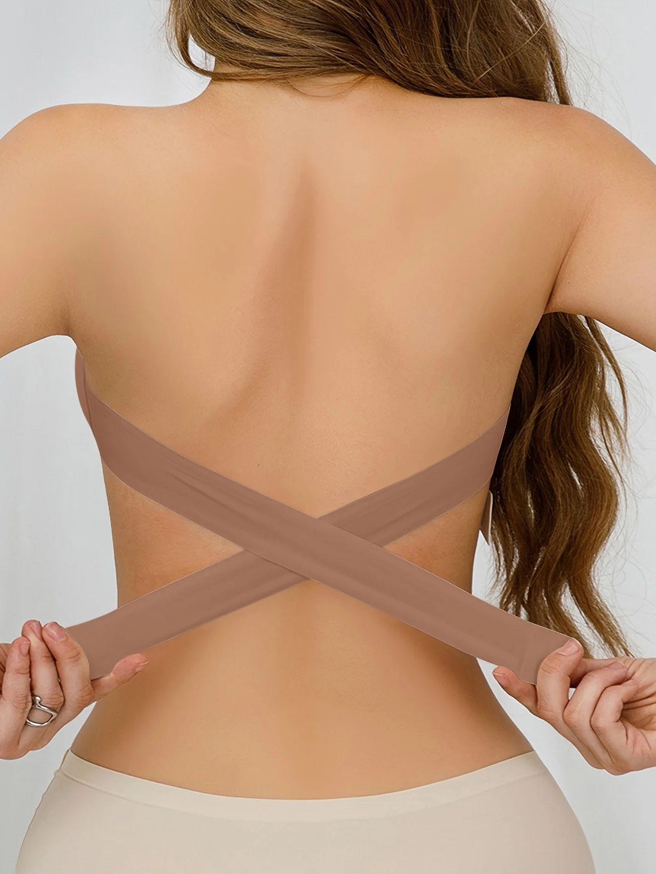 Strapless Bra with Side Clasps and Crisscross Back Removable Padding Breathable Nylon Knit
