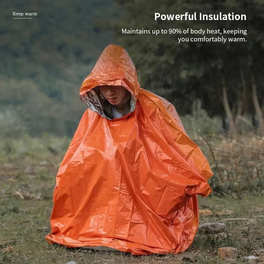 Emergency Thermal Rain Poncho Blanket - Waterproof Survival Rain Gear with Hood
