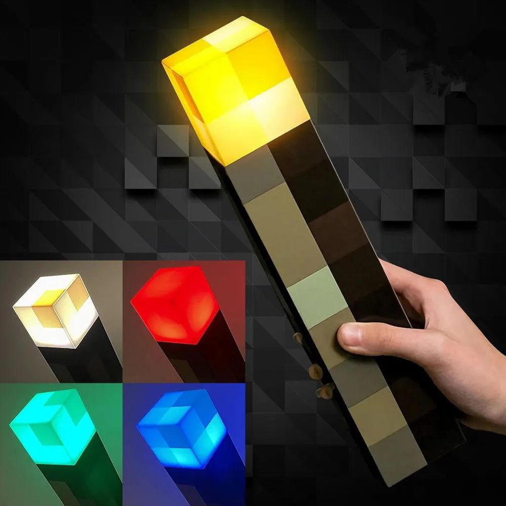 Game Brownstone Torch LED Night Light Figure, 4 Color Bedroom Decor Lamp, USB Rechargeable Kids Gift with Buckle Clip