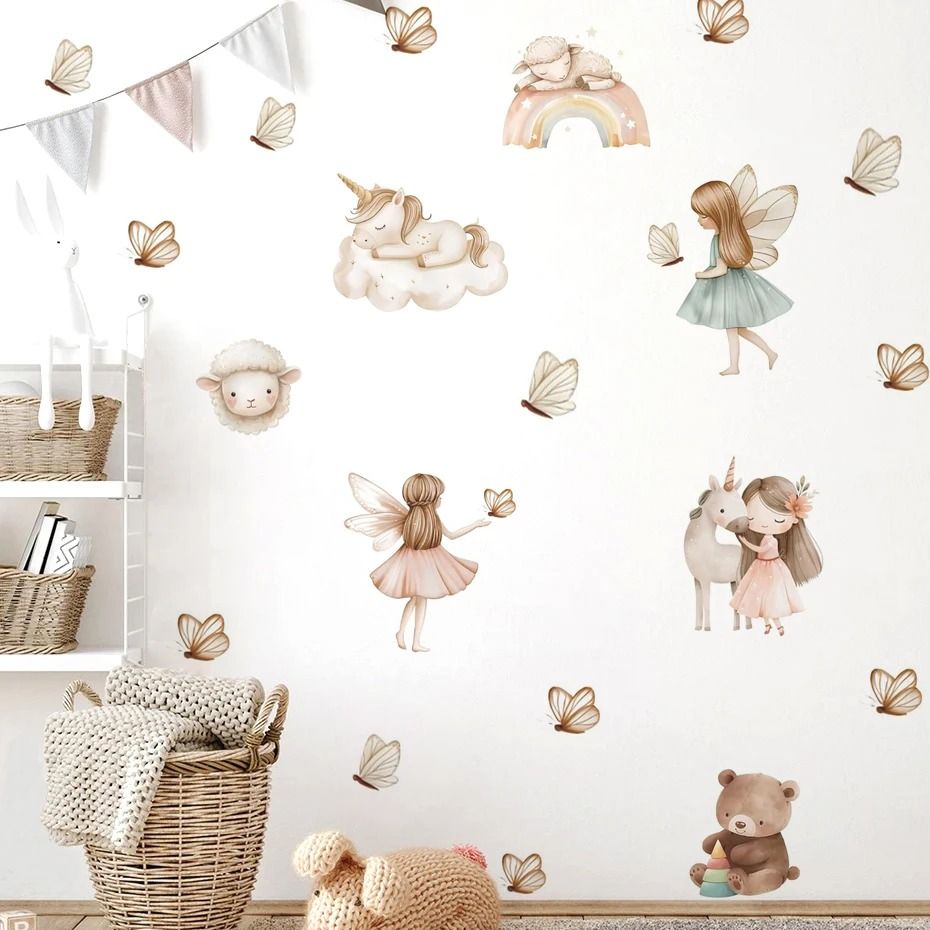 Watercolor Unicorn & Fairy Bear Wall Decals | Rainbow Nursery Decor | Whimsical Childrens Bedroom Art Stickers
