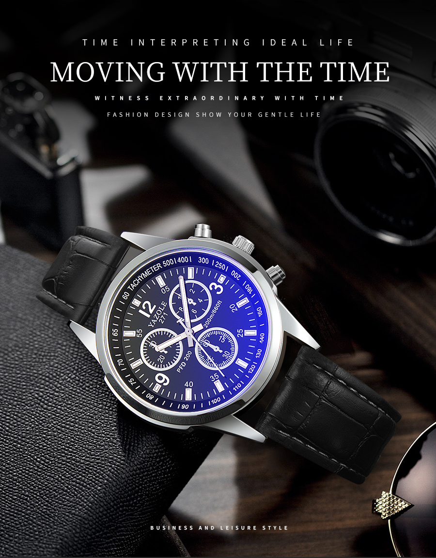 Men's Quartz Watch Blue Dial Waterproof Business Casual Leather Strap Watch