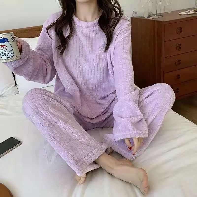 Womens Warm Velvet Ribbed Fleece Pajama Set Pullover and Pants