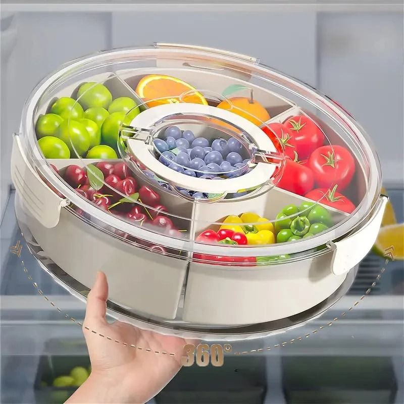 Round Rotating Fruit Tray with Lid and Handle Six Compartment Snack Organizer