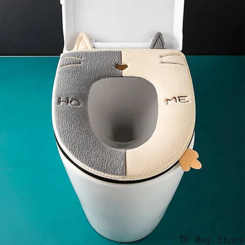 Universal Cartoon Cat Plush Toilet Mat – Thicken Thermal Cushion with Hygienic Lifting Handle