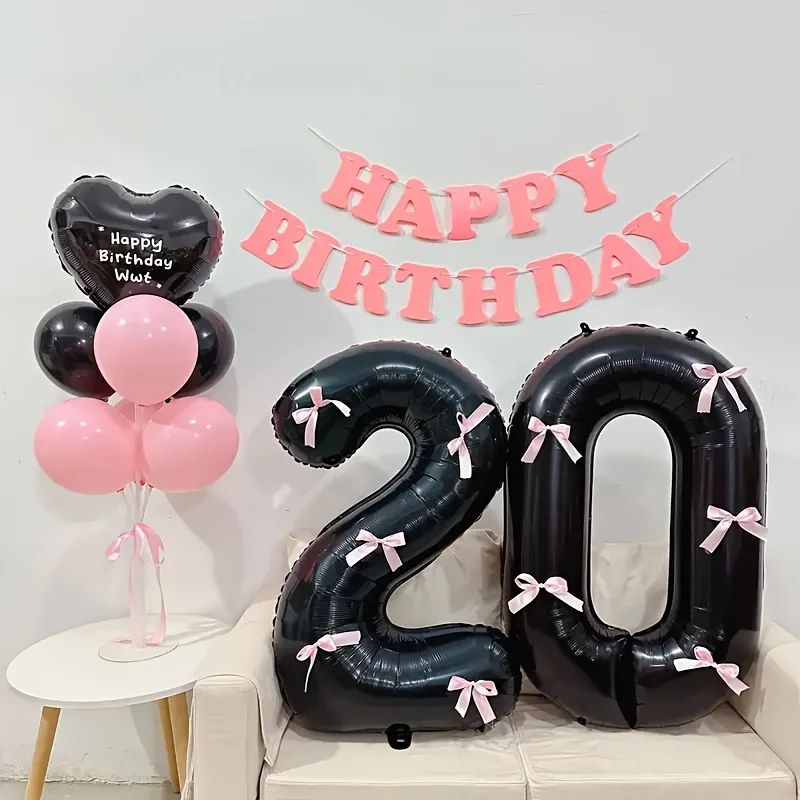 Black Number Balloon with Pink Bow