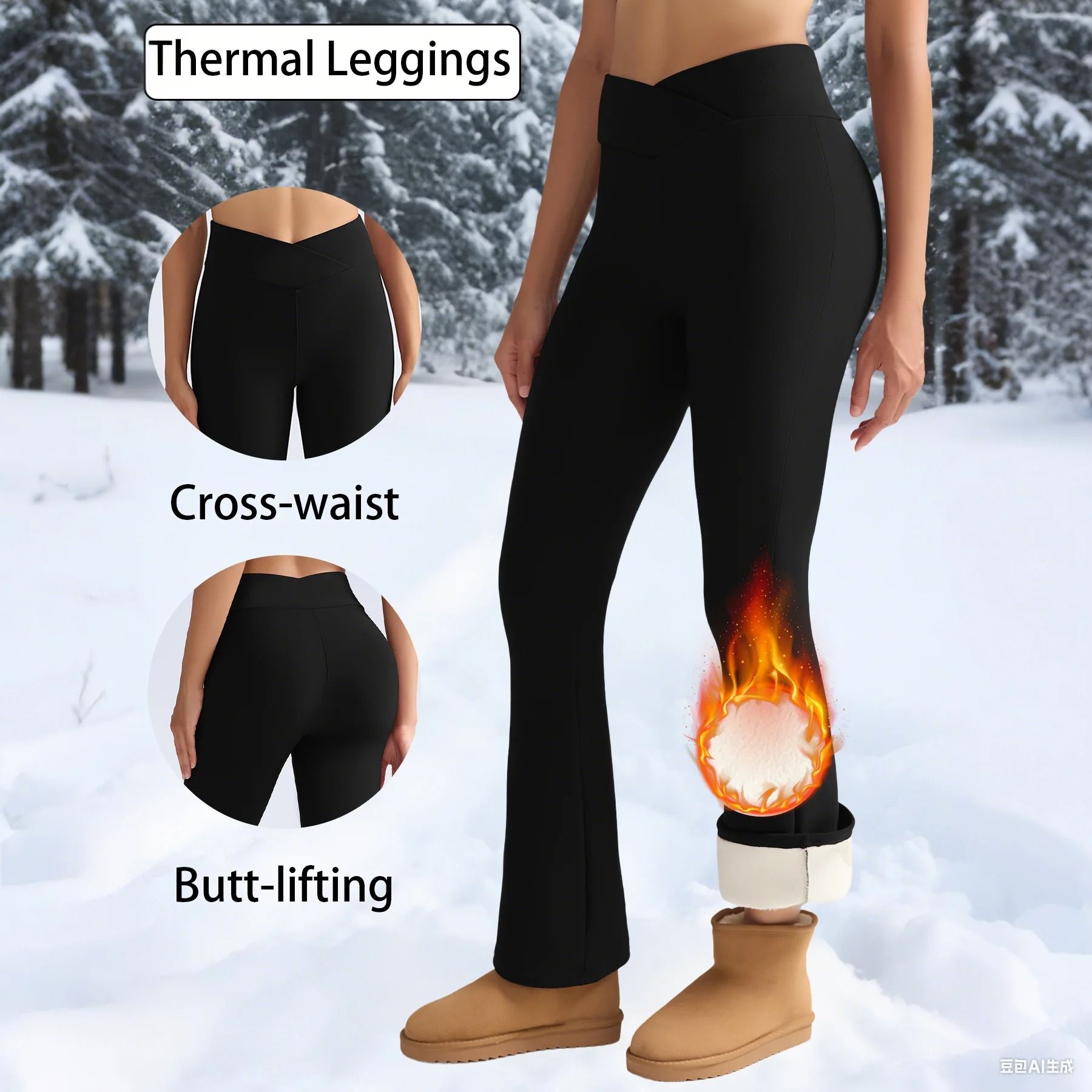 Fleece Lined High Waist Flared Leggings for Women Winter Warm Thermal Pants