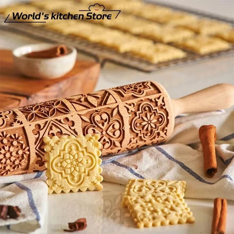 Christmas Wooden Embossed Rolling Pin – Snowflake & Reindeer Design for Festive Cookies, Fondant & Pastriess