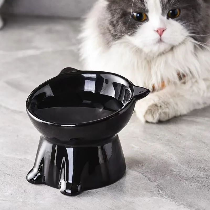 Black & White Cute Cat Food Bowl - Lightweight Plastic Pet Bowl for Cats & Small Dogs
