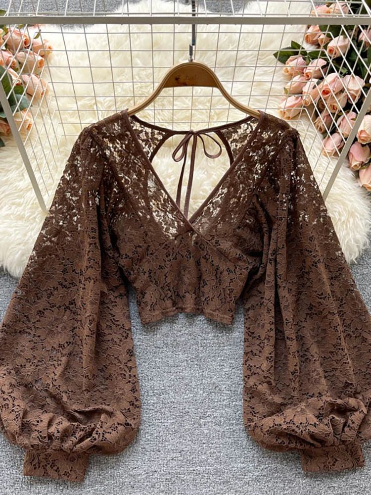 Women's Lace Open Back Blouse – V-Neck Puff Sleeve Cropped Party Top