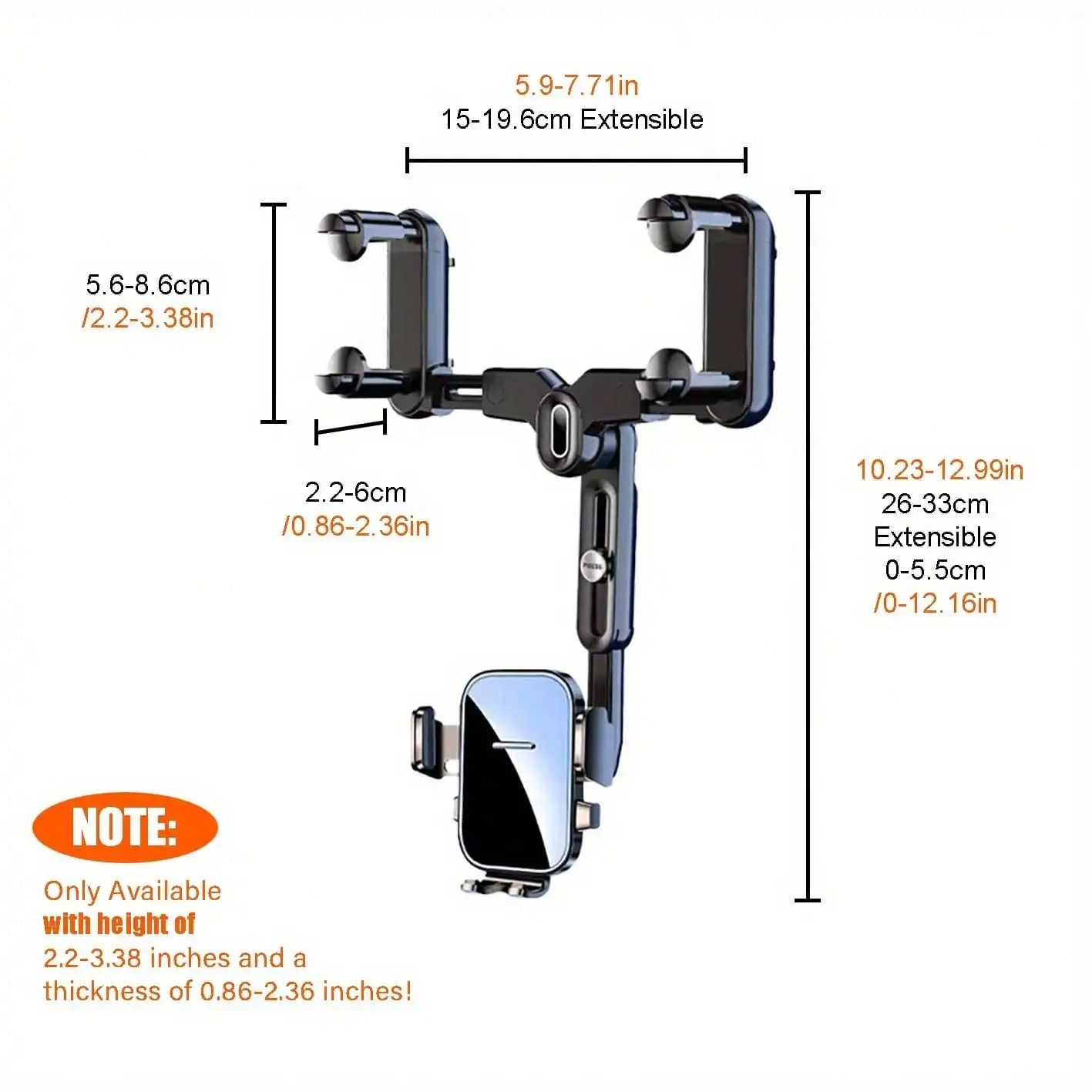 360 Degree Adjustable Car Rearview Mirror Phone Holder with Retractable Clamp Design