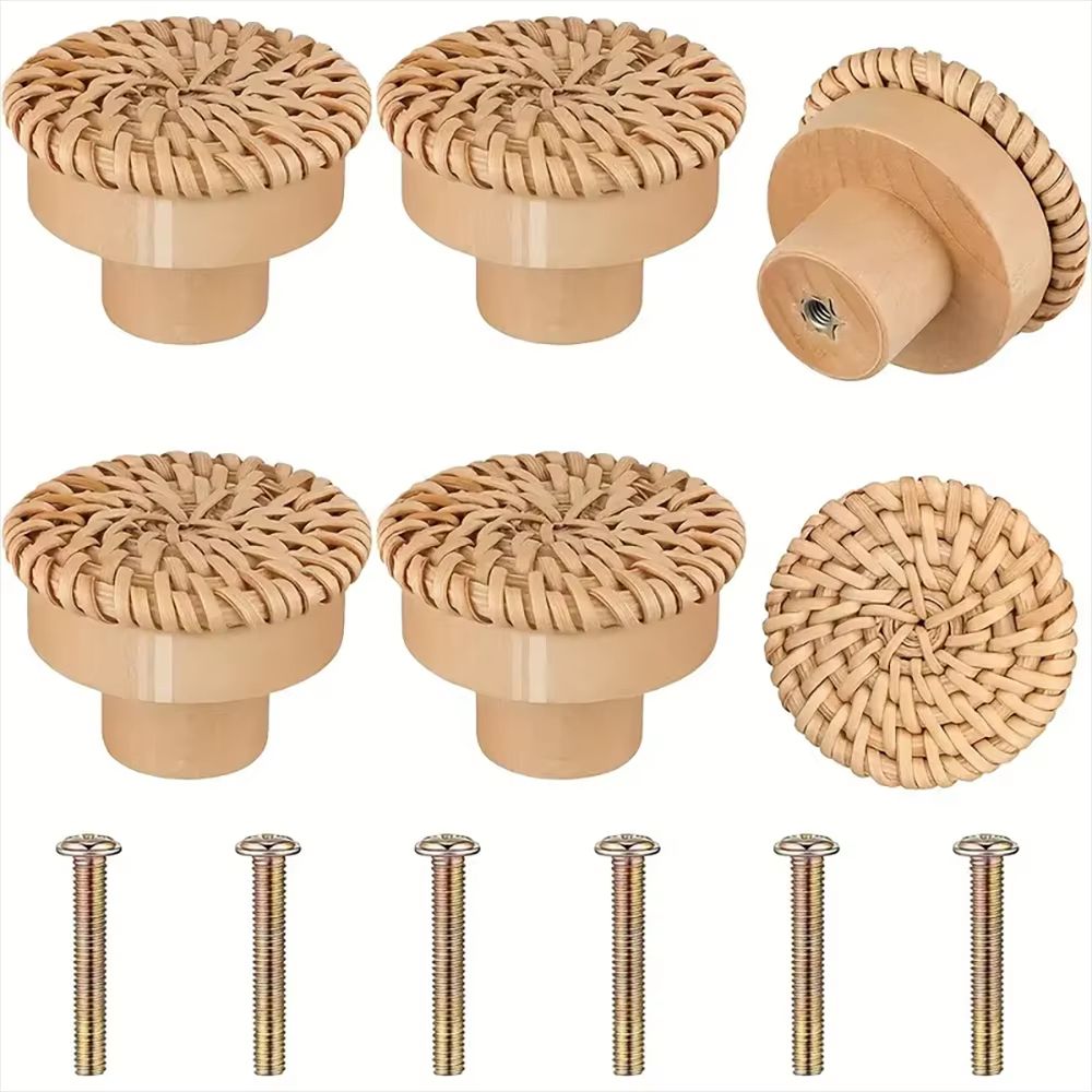 12-Pack Bohemian Rattan Drawer Knobs – Round Wooden Wicker-Weave Cabinet Knobs with Screws