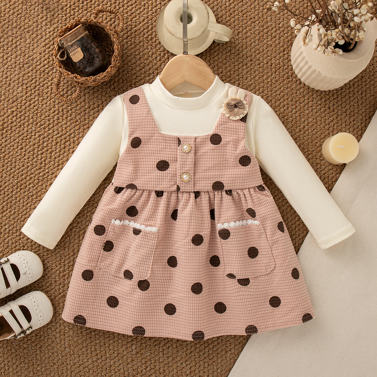 Autumn New Baby Girl Dress Cute Polka Dot Well Long Sleeve, Imitation 2 Pieces Dress Girls Daily Casual Wear