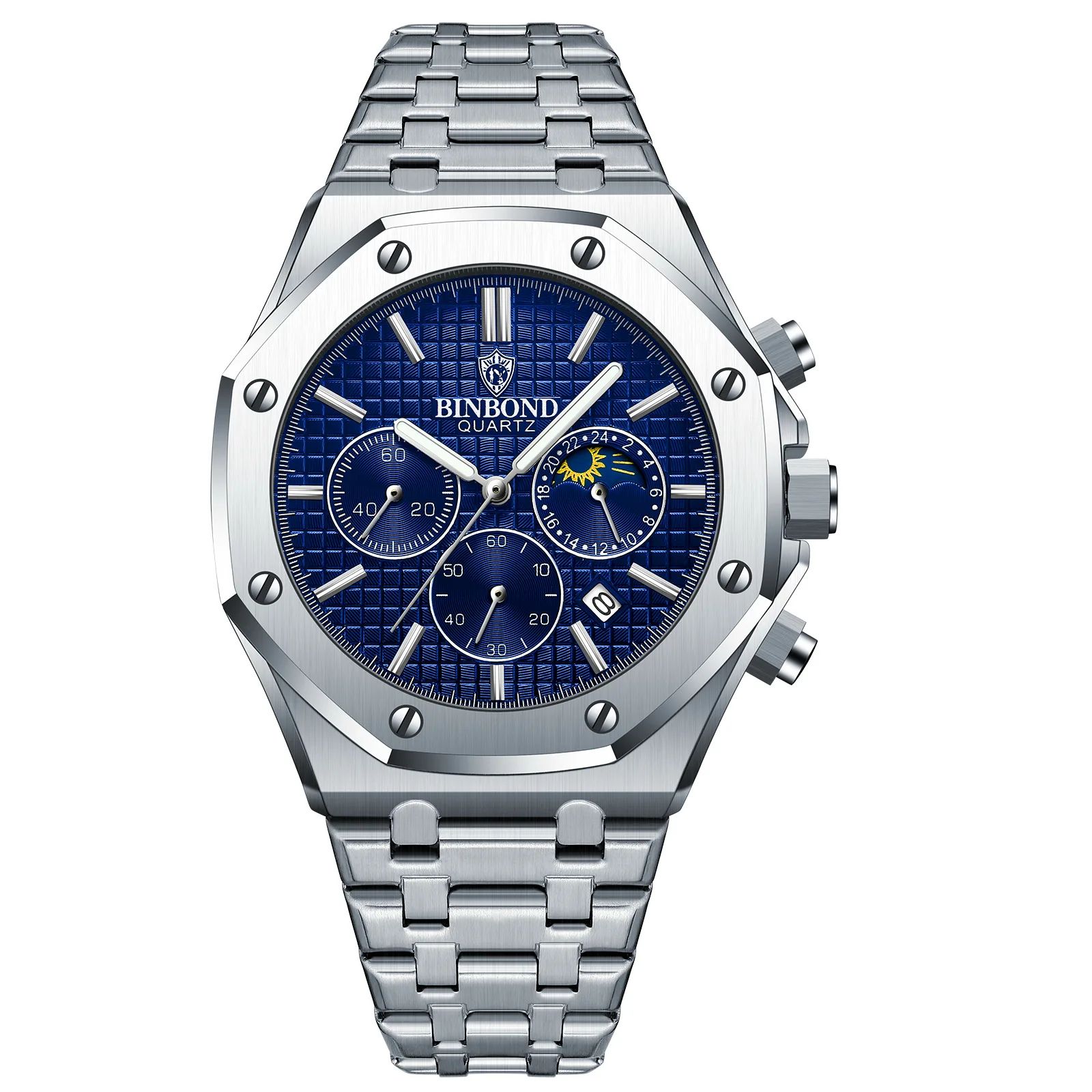 BINBOND B0161 Luxury Stainless Steel Men's Quartz Watch with Luminous Date & Chronograph