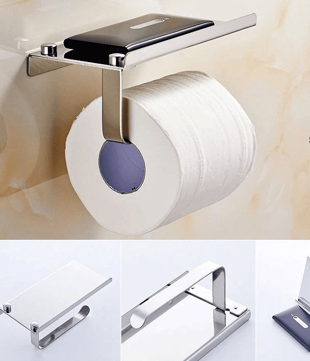 Wall Mounted Toilet Paper Holder with Phone Shelf, Bathroom Storage Rack