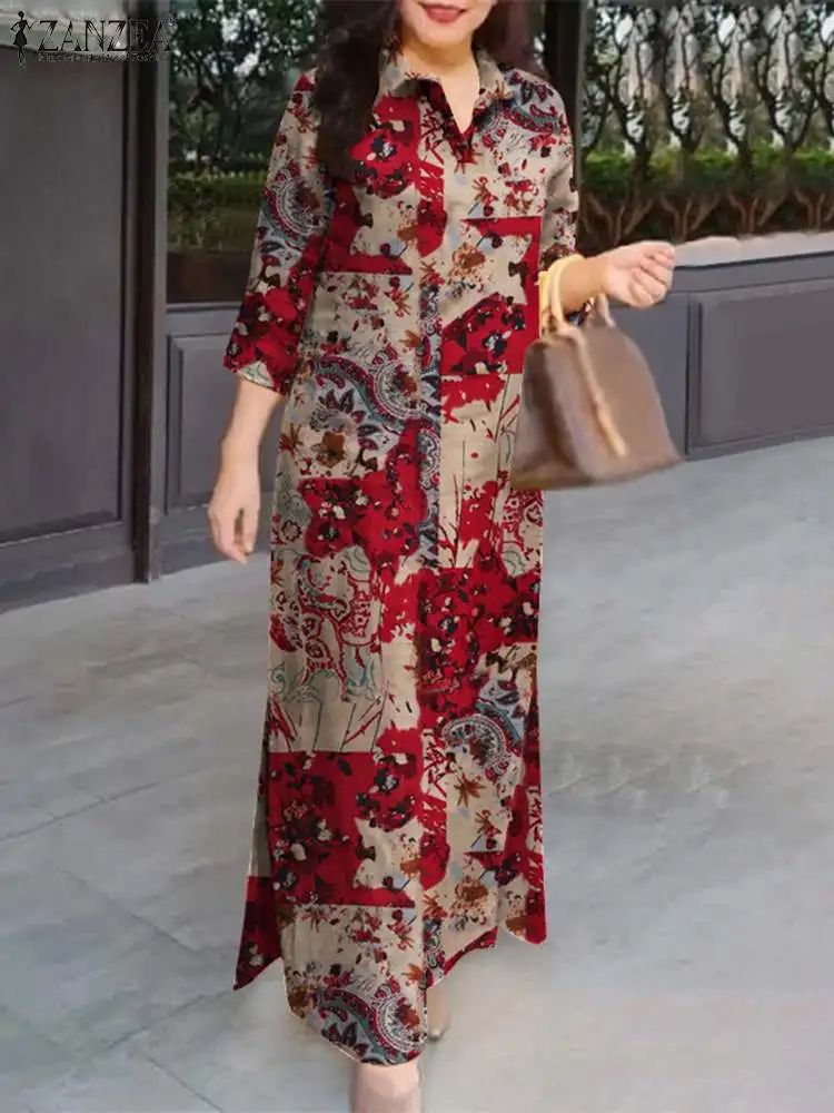 ZANZEA Vintage Floral Cotton Maxi Shirt Dress – Oversized Autumn Lapel Sundress