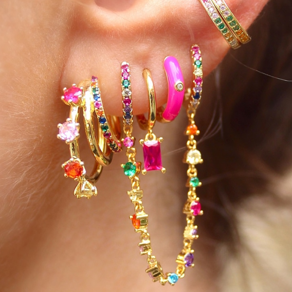 Women Gold Filled Stud Earrings Set, Colorful Zircon Dangle Hoop Earrings, Fashion Party Ear Cuffs