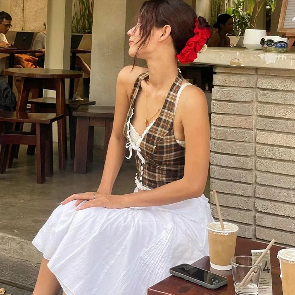 Womens Plaid Halterneck Backless Crop Top – V-Neck Lace Slim Bow Tank