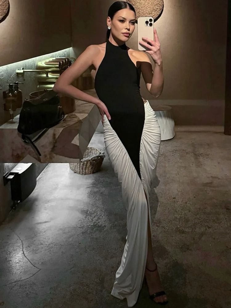Blifanbo Patchwork Sleeveless Split Maxi Dress Women Fashion Contrast Color Halter Backless Ruched Bodycon Maxi Dress