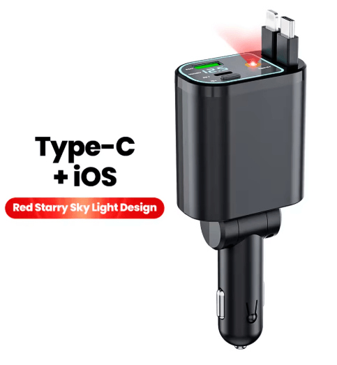 4 in 1 Car Charger with Dual Retractable Cables – USB C Car Fast Charger with Star Lights