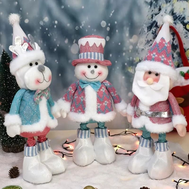 Retractable Santa Claus Snowman Elk Dolls Pink and Blue Fabric Window Decoration