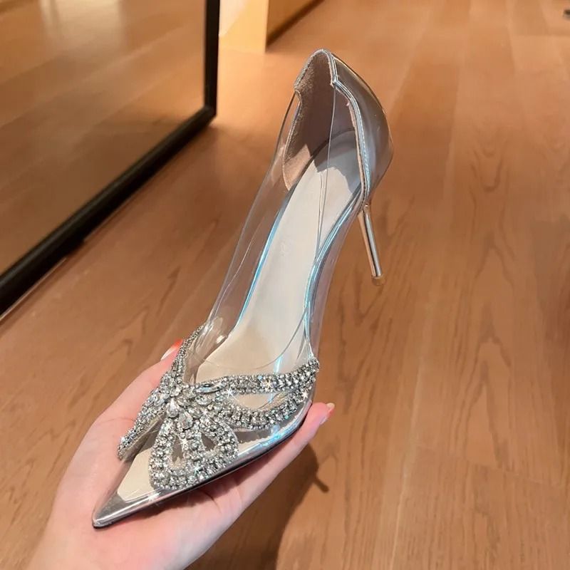 Pointed Transparent PVC Rhinestone Sandals – Elegant Wrapped Back Buckle High Heels