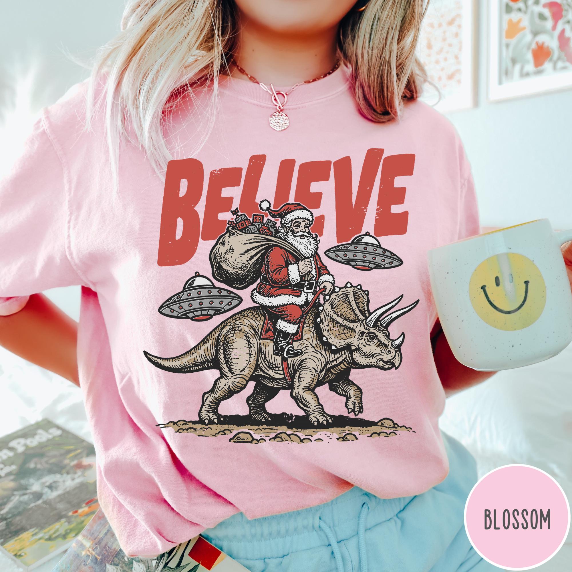 Funny Christmas Comfort Colors T-Shirt Believe in Santa Shirt, Unisex Santa Dinosaur UFO Tee