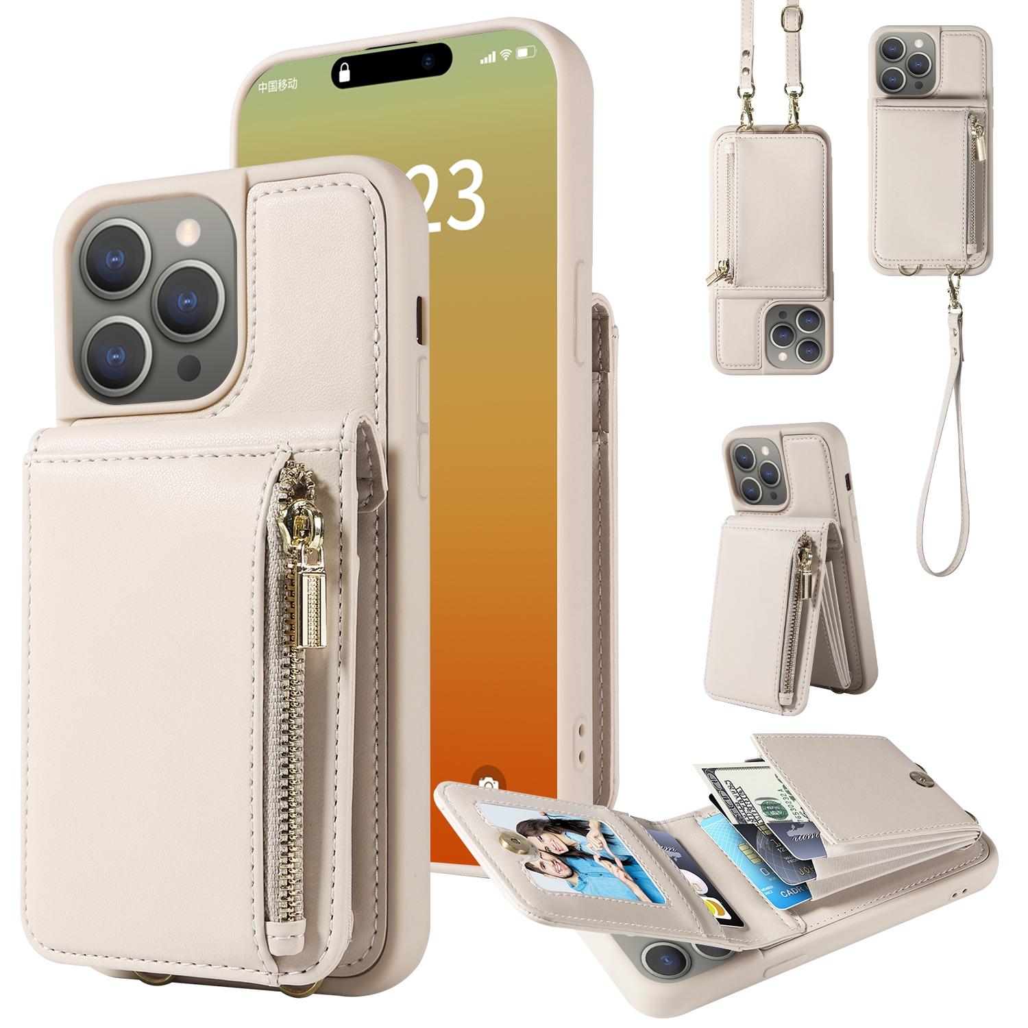 Leather Crossbody iPhone Wallet Case with Zipper Pocket & Lanyard Strap