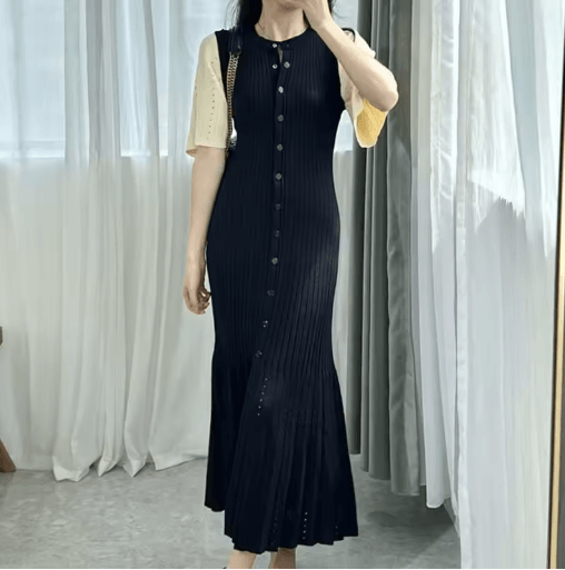 French Elegant Knitted Mermaid Dress Slimming Hollow Fish Tail Midi Dress
